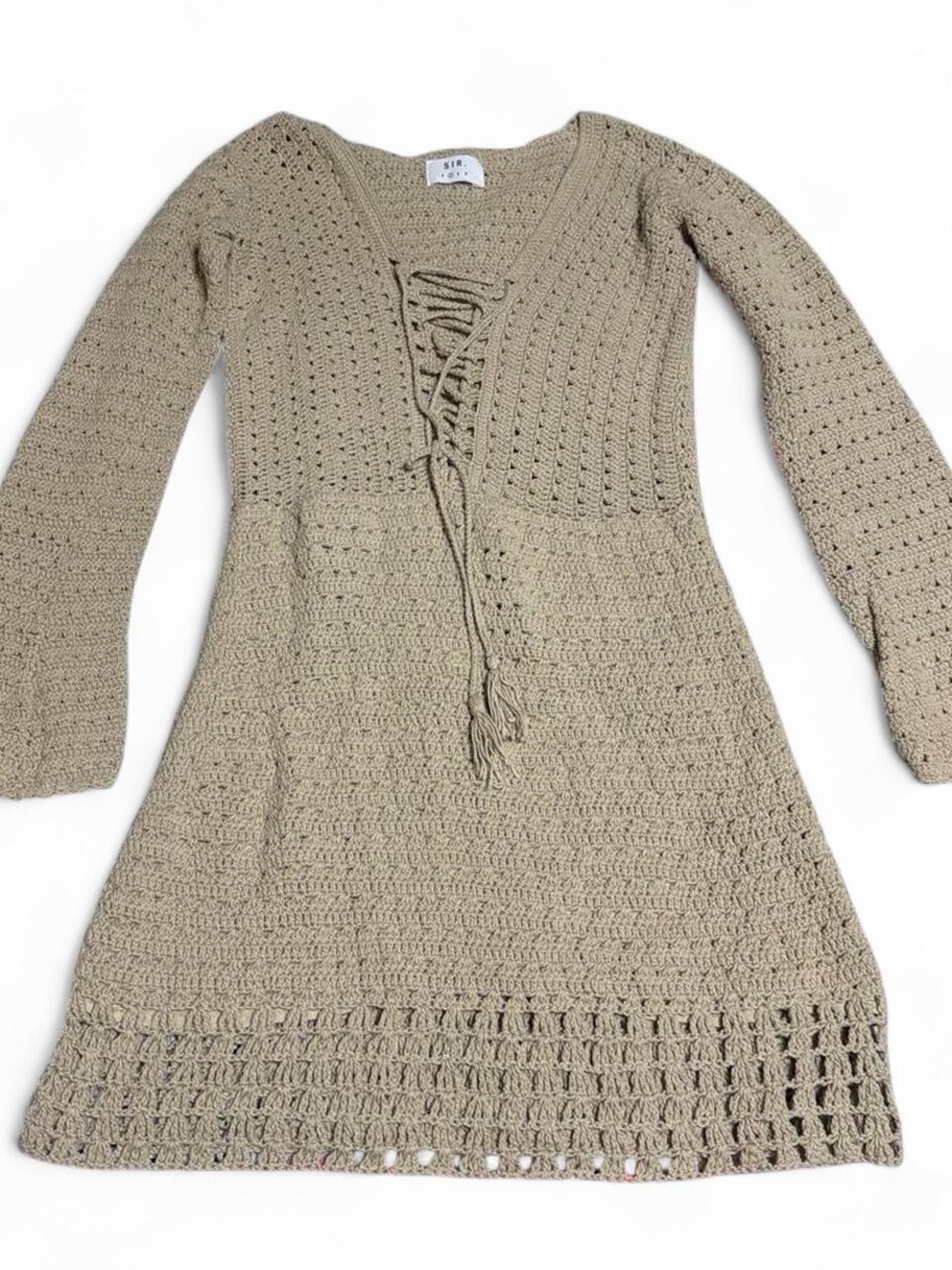Sir The Label Handmade lined Crochet Lace-Up V-Neck Knit Dress - Taupe